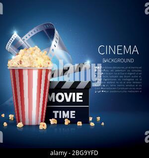 Film cinéma en 3 dimensions avec pop-corn et film vintage. Affiche de cinéma rétro. Illustration du cinéma en continu et du film Illustration de Vecteur