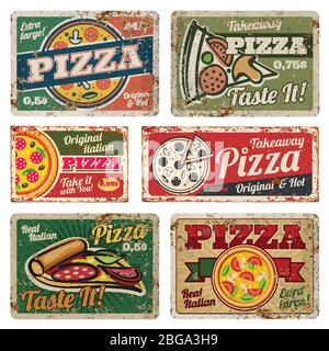 Panneaux de pizza métalliques vintage avec set vectoriel de texture grunge. Affiches de cuisine rétro dans le style des années 50. Bannière pizza cuisine style grunge, affiche vintage pour l'illustration de la pizzeria de restaurant Illustration de Vecteur