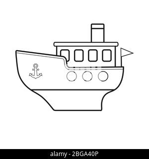 Dessin vectoriel pour enfants d'un bateau à vapeur. Contour blanc, design plat isolé sur fond blanc pour livre de coloriage, album Illustration de Vecteur