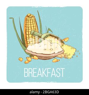 Carte petit-déjeuner à base de porridge de maïs - concept de braafast sans gluten. Illustration vectorielle Illustration de Vecteur