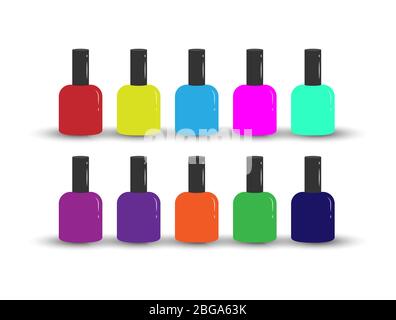 Jeu de flacons avec vernis à ongles coloré. Couleurs modernes et tendance. Conception simple de stock isolée sur un fond blanc pour les sites Web et les applications Illustration de Vecteur