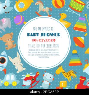 Douche de bébé, décor de célébration de naissance fond vectoriel ou carte d'invitation avec jouets pour enfants. Illustration de la bannière d'invitation de douche de bébé Illustration de Vecteur