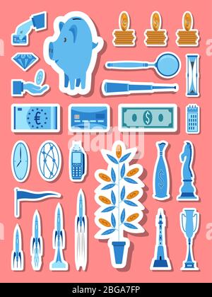 Groupe d'icônes bancaires et financières défini dans des tons bleus. Tous les objets d'icône, les ombres et l'arrière-plan se trouvent dans des couches différentes. Illustration de Vecteur