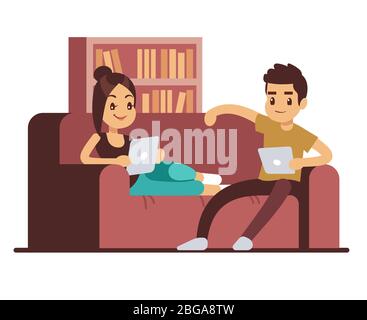 Un couple heureux sur un canapé avec des tablettes. Jeune homme et femme se détendant à la maison. Homme et femme ensemble sur un canapé avec illustration de tablette numérique Illustration de Vecteur