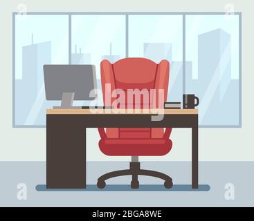 Chambre moderne avec grand vitrage et ordinateur portable sur le bureau. Intérieur de bureau contemporain vide. Fond de dessin animé vectoriel d'entreprise. Salle d'affaires avec ordinateur, illustration intérieure de bureau Illustration de Vecteur