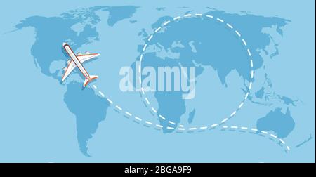 Avion volant au-dessus de la carte du monde. Concept vectoriel plat de voyage d'avion. Illustration de la carte du monde du voyage en avion Illustration de Vecteur