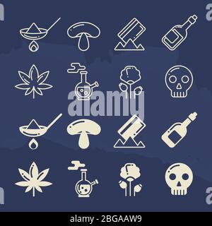 Lignes et silhouette des icônes de comprimés de drogues illicites, de toxicomanie à l'alcool, de l'abus de méthamphétamine. Illustration vectorielle Illustration de Vecteur