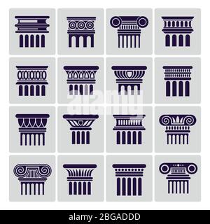 Silhouette ancienne architecture rome icônes de colonne. Illustration de la colonne architecturale vectorielle et du socle de l'architecture Illustration de Vecteur
