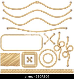 Cordes de fibre marine ou nautique réalistes. Frontières, cadres éléments de décoration de voile. Objet isolé torsadé de nœud. SPE 10 Illustration de Vecteur