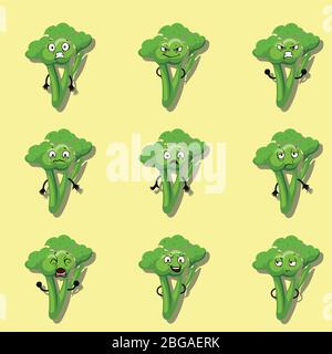 Émotions négatives du brocoli. Jeu de caractères de style dessin animé vectoriel Illustration de Vecteur