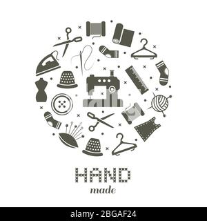 Concept rond fait main avec icônes de couture et de tricotage. Illustration vectorielle Illustration de Vecteur