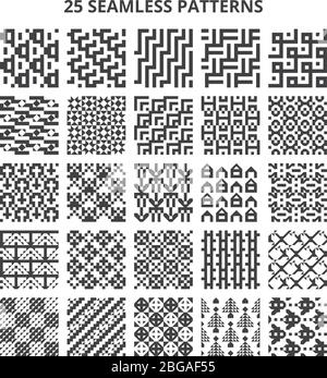 Motifs vectoriels géométriques abstraits noir et blanc sans couture. 25 textures rétro répétées. Illustration de la répétition de motif géométrique, impression d'un graphique monochrome Illustration de Vecteur