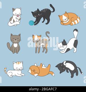 Dessin à la main de jolis chats. Collection de chaton vectoriel. Kit de chaton pour animaux, illustration de personnage de chat de dessin animé Illustration de Vecteur