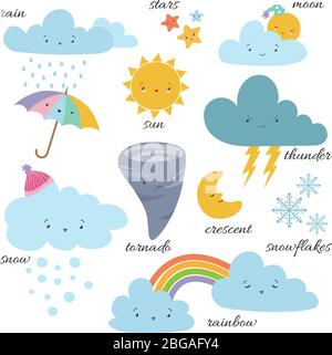 Mignons icônes météo de dessin animé. Prévision des symboles de vocabulaire vectoriel de météorologie. Illustration du soleil et du nuage, de la pluie et des flocons de neige Illustration de Vecteur