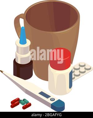 Composition avec des pilules, des traînons dans le vecteur en isométrie. Illustration médicale de la pharmacie. Illustration de Vecteur