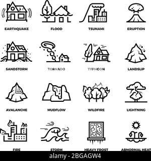 Les icônes vectorielles de ligne accidents de catastrophe naturelle et les symboles de dommages. Ouragan et tempête, incendie et tsunami, inondation et séisme illustration Illustration de Vecteur