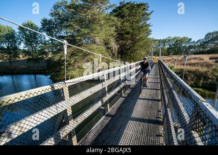 Pont suspendu au-dessus de la rivière Ohinemuri sur la piste ferroviaire d'Hauraki, île du Nord, Nouvelle-Zélande Banque D'Images