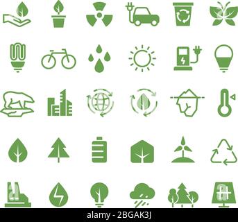 Icônes vectorielles écologiques vertes. Environnement propre, processus de recyclage et pictogrammes sur les énergies renouvelables. Illustration de l'énergie verte, de l'écologie et de l'environnement Illustration de Vecteur