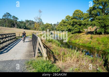 Pont sur la rivière Ohinemuri sur la piste ferroviaire d'Hauraki, île du Nord, Nouvelle-Zélande Banque D'Images