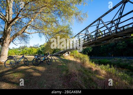 Pont sur la rivière Ohinemuri sur la piste ferroviaire d'Hauraki, île du Nord, Nouvelle-Zélande Banque D'Images