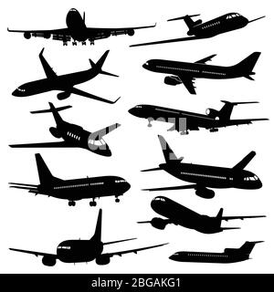 Icônes vectorielles aviation de vol. Silhouettes noires d'avion dans le ciel. Illustration du vol d'avion, de l'aviation et de l'avion Illustration de Vecteur