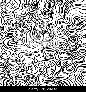 Fond noir et blanc abstrait. De nombreuses lignes incurvées chaotiques créent un motif sur la surface, chaotique et abstrait, graphique dessiné à la main. Illustration de Vecteur