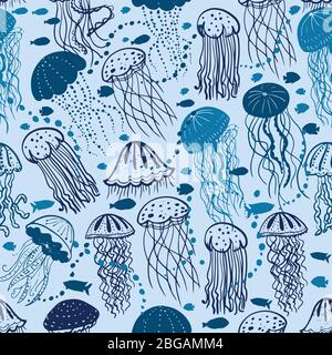 Illustration vectorielle de différents silhouettes bleues méduse surface sans couture Illustration de Vecteur