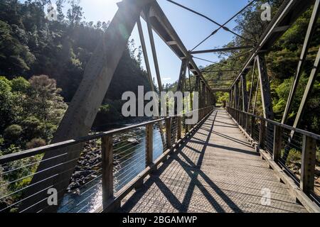 Pont ferroviaire au-dessus de la rivière Ohinemuri près de l'entrée du tunnel ferroviaire de Karangahake sur la piste ferroviaire de Hauraki, île du Nord, Nouvelle-Zélande Banque D'Images