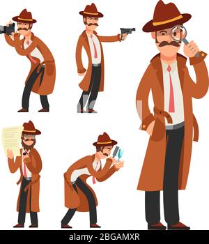 Détective privé de dessin animé. Jeu de caractères vectoriels de l'inspecteur de police. Illustration du personnage de détective de police et de dessin animé de l'inspecteur Illustration de Vecteur