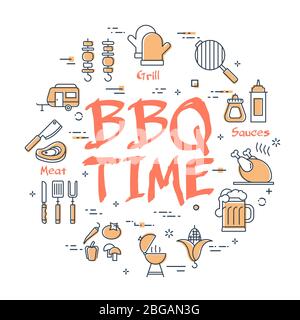 Bannière Vector Line pour pique-nique et barbecue - HEURE barbecue Illustration de Vecteur