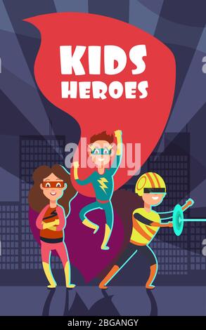 Affiche vectorielle pour enfants super-héros courageux. Illustration de l'équipe de super héros, de personnage et de fille ensemble Illustration de Vecteur