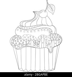 dessin vectoriel de dessin de dessert cupcake coloriage livre pour adultes vecteur illustration. Coloration anti-stress pour adulte. Produits de boulangerie de style Zentangle. Noir Illustration de Vecteur