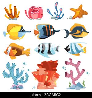 Objets de décoration d'aquarium à dessin animé vectoriel - plantes sous-marines, poissons lumineux. Couleur corail et poisson illustration sous-marine Illustration de Vecteur