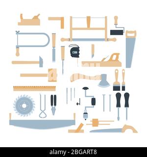 Kit d'outils pour bois. Ensemble d'équipements de menuiserie manuelle de style plat. Illustration vectorielle isolée sur fond blanc Illustration de Vecteur