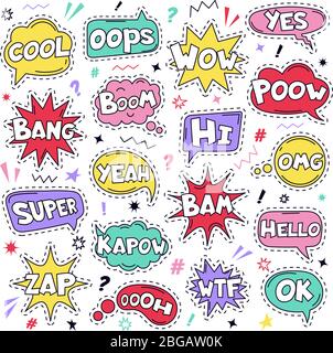 Autocollants de patch de texte. Bandes dessinées de discours drôles de texte, Cool, Bang et Wow doodle nuages de discours comique, des bulles de pensée et des mots de bande dessinée vecteur Illustration de Vecteur