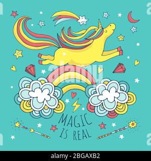 Fond vectoriel magique, affiche avec unicorn et Rainbow Illustration de Vecteur