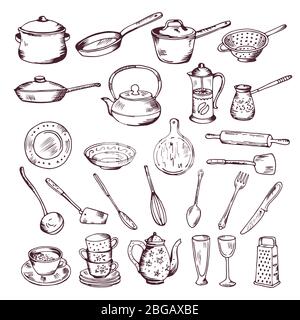 Illustration vectorielle dessinée à la main des outils de cuisine s'isolent sur fond blanc Illustration de Vecteur