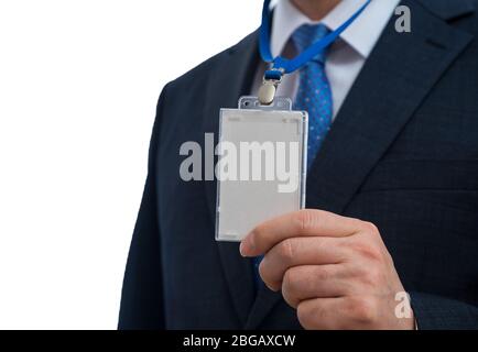 Man in suit portant une étiquette d'identité vierges ou le nom sur un cordon de la carte lors d'une exposition ou de la conférence Banque D'Images