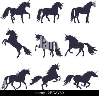 Illustrations mythologiques ensemble de silhouette de monocornes dans différentes poses. Images vectorielles de chevaux noirs médiévaux Illustration de Vecteur