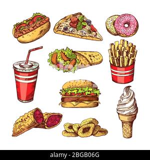 Photos de Fast-food. Hamburgers, hot-dog sandwich cola et frites. Illustrations vectorielles de couleur dessinées à la main Illustration de Vecteur