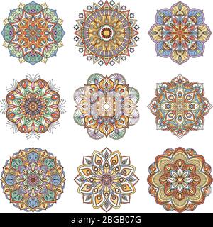 Motif fleuri chinois et indien. Set de mandalas indiens couleur. Les illustrations de yoga s'isolent sur fond blanc Illustration de Vecteur