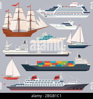 Transport maritime. Illustrations vectorielles de navires et de bateaux différents. Photos de style plat Illustration de Vecteur