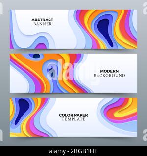 Bannières vectorielles publicitaires abstraites de mode avec découpe de papier en relief de formes courbes. Brochure commerciale bannière avec illustration en papier couleur Illustration de Vecteur