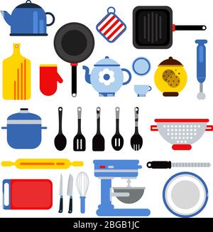 Différents outils de cuisine isolés sur blanc. Illustrations vectorielles de style moderne et plat Illustration de Vecteur