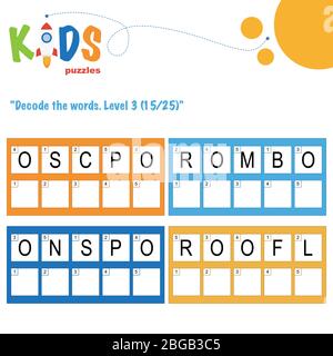 Décoder les mots de 5 lettres. Pratique sur les feuilles de travail pour les enfants d'âge préscolaire, élémentaire et intermédiaire. Fiche d'activité du puzzle logique amusant. Illustration de Vecteur