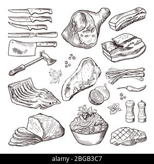 Différents aliments à base de viande. Accessoires de porc, bacon et cuisine. Image dessinée à la main à l'aide de la lame et du vecteur de hache Illustration de Vecteur