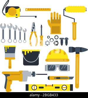 Outils de construction ou de réparation, casque de travail, marteau, gants de peinture et autres icônes vectorielles industrielles Illustration de Vecteur