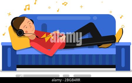 Homme écoutant de la musique et se reposant sur un canapé-lit. Illustration intérieure vectorielle à plat Illustration de Vecteur