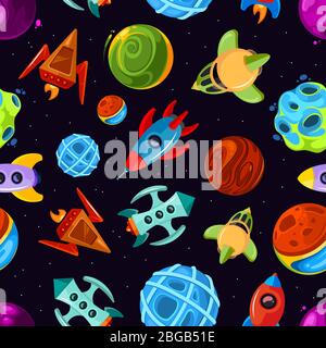 Espace vectoriel sans couture avec des vaisseaux spatiaux, des étoiles, la planète et des roquettes, un arrière-plan fantastique pour les enfants Illustration de Vecteur