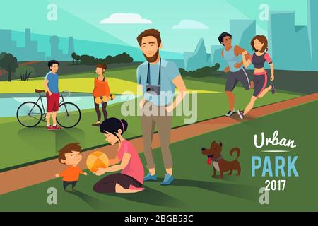 Activités de plein air dans le parc urbain. Famille heureuse avec enfant, couple de coureurs, fond vectoriel Illustration de Vecteur